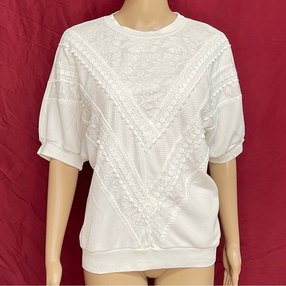 Vintage 1980’s L.A. Dreamin’ Lace Overlay Short Sleeve Knit Top XL - Picture 1 of 7